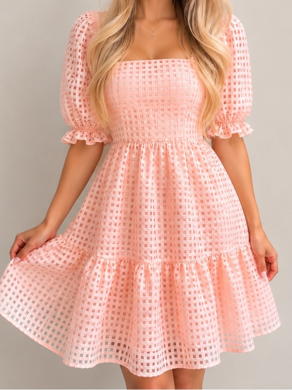NWOT- Francesca's Collections Light Pink Eyelet Puff Sleeve A-Line Dress
